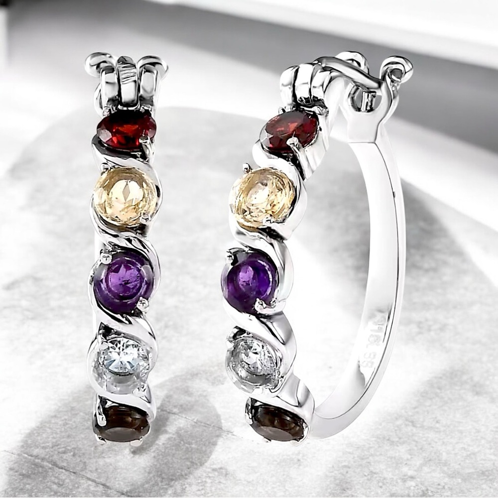 Multi Gemstone 2.60ctw Hoop Silver Earrings in Stainless Steel - Picture 1 of 8